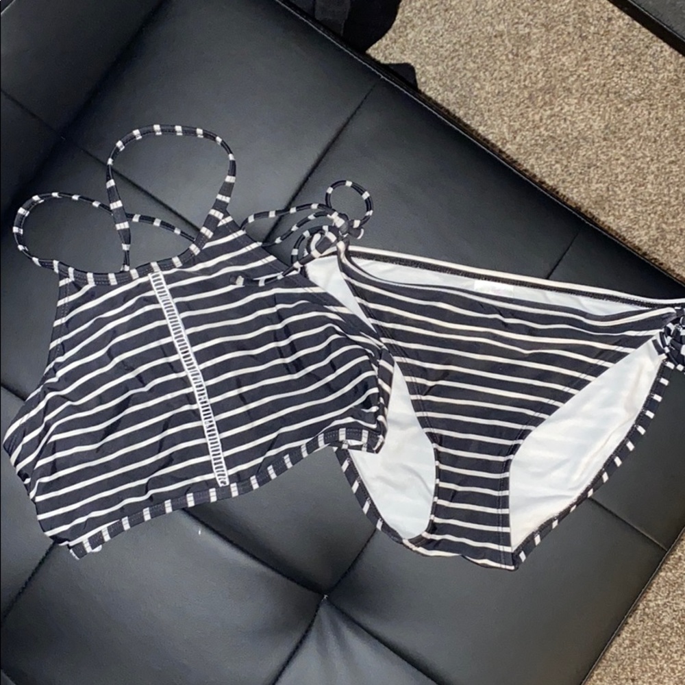 Striped bathing suit top and bottoms